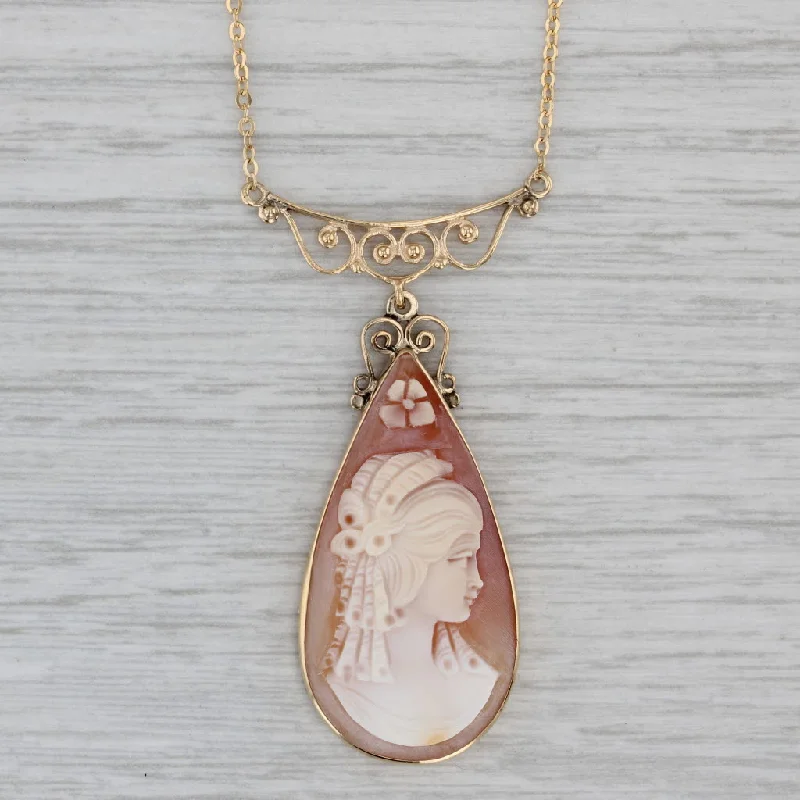 women's couple necklaces-Carved Shell Cameo Teardrop Pendant Necklace 14k Yellow Gold 16.5" Cable Chain