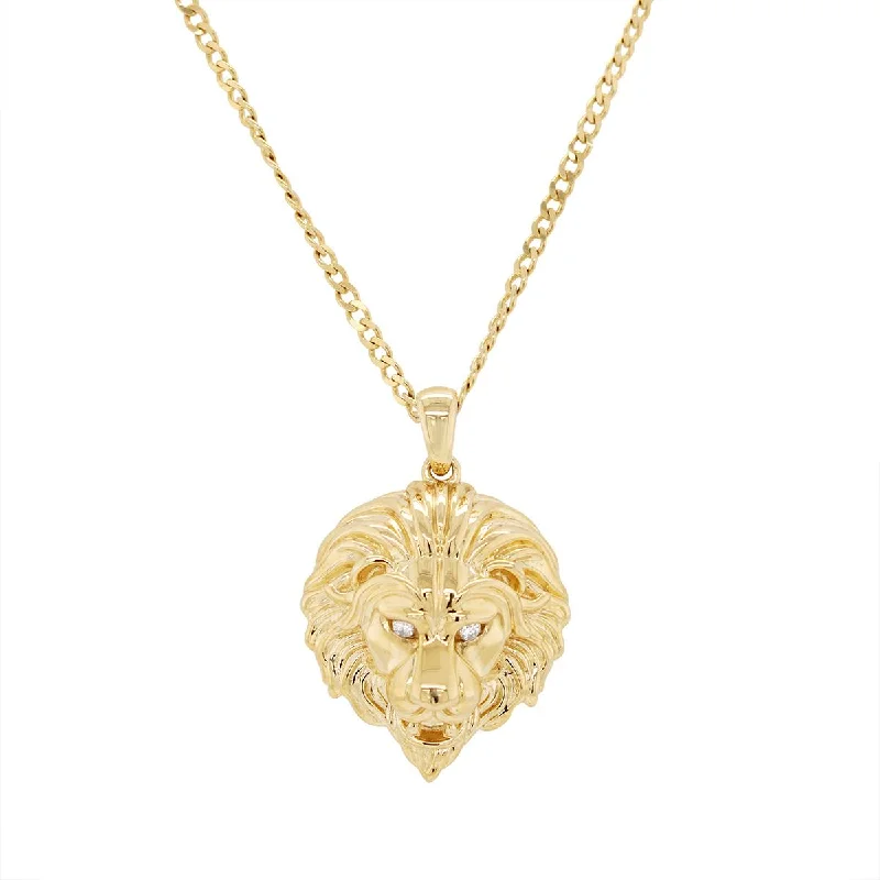 women's ruby necklaces-YELLOW GOLD LION HEAD PENDANT NECKLACE WITH DIAMOND EYES, .04 CT TW