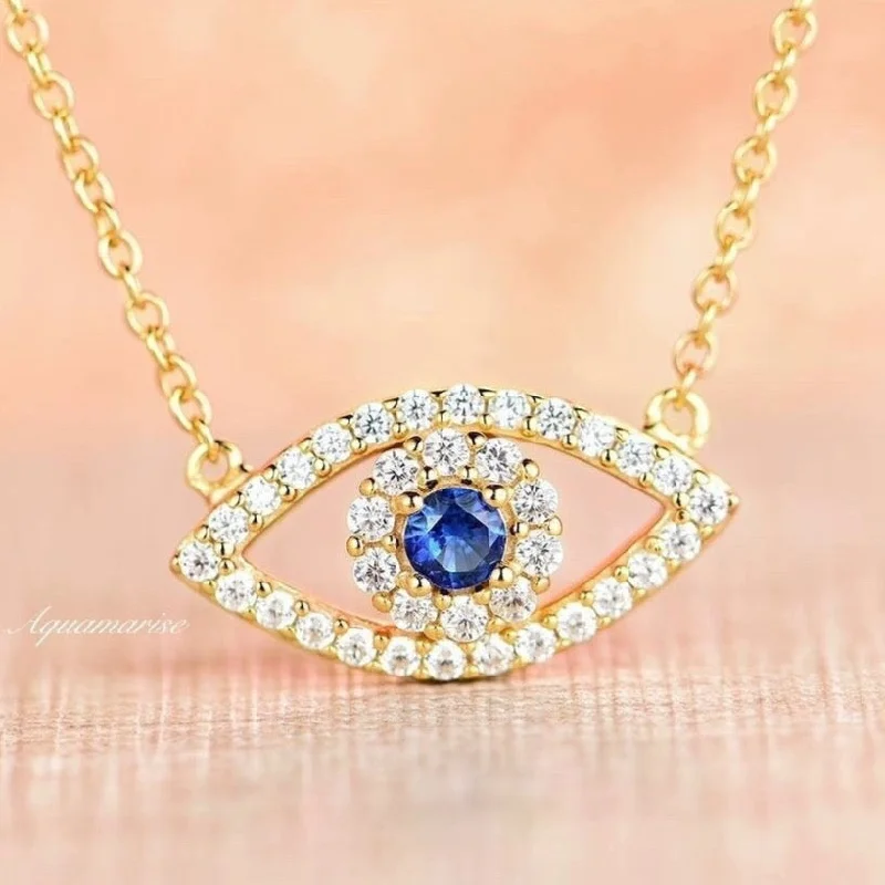 women's matching necklaces-Evil Eye Sapphire Necklace- 14K Yellow Gold Vermeil