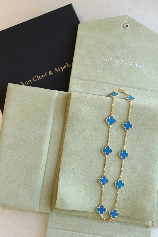 women's lock necklaces-Van Cleef Arpels VCA Alhambra Blue Agate Clover Necklace 18k Gold 16.5" Box