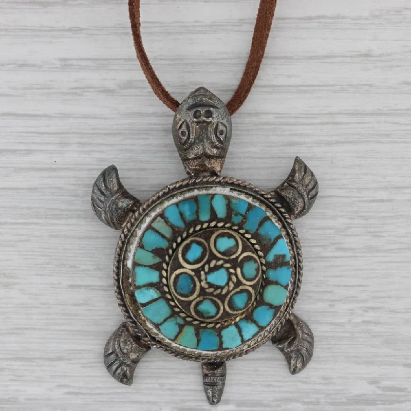 women's snake chain necklaces-Vintage Turquoise Large Turtle Pendant Necklace Sterling Silver Leather Cord