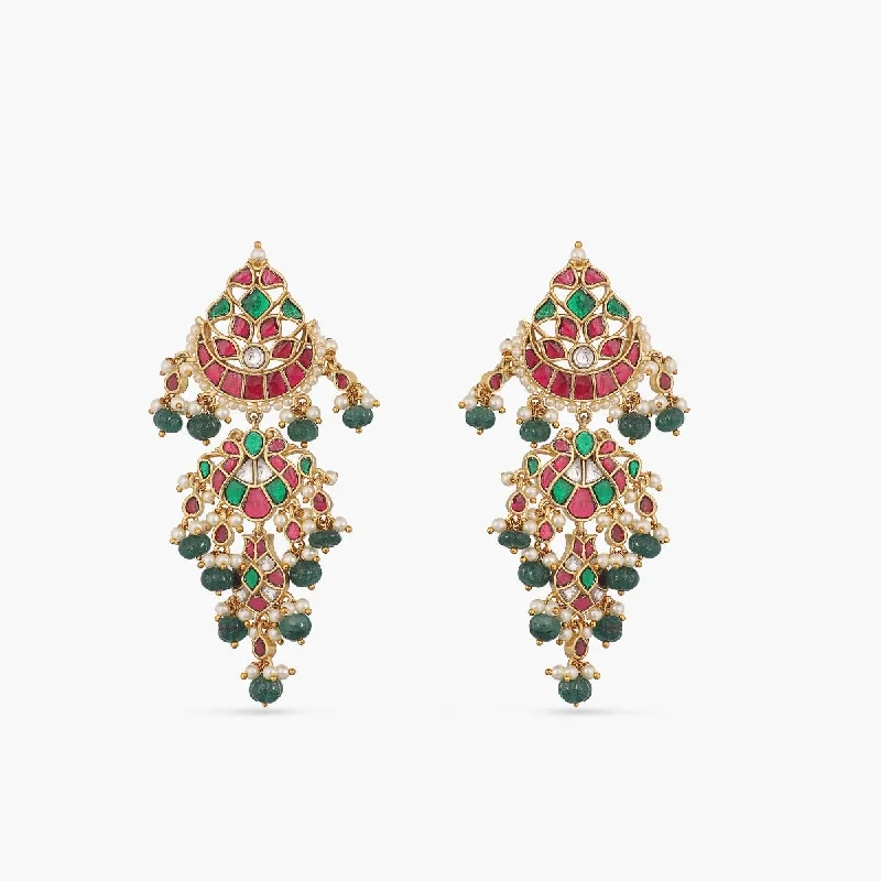 women's statement earrings-Yamira Gold Plated Kempu Jadau Earrings