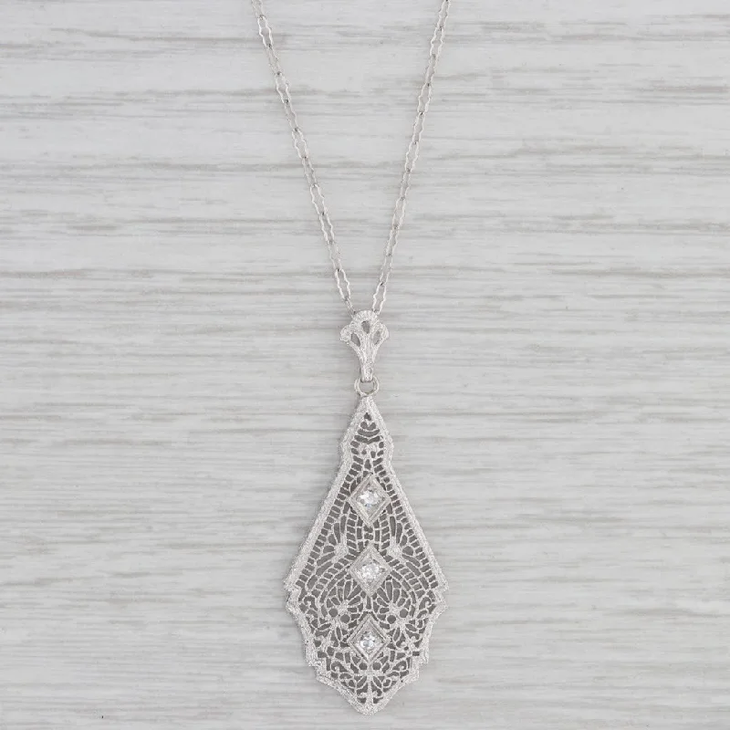 women's emerald necklaces-Art Deco Diamond Filigree Pendant Necklace 10k White Gold 17" Crinkle Chain