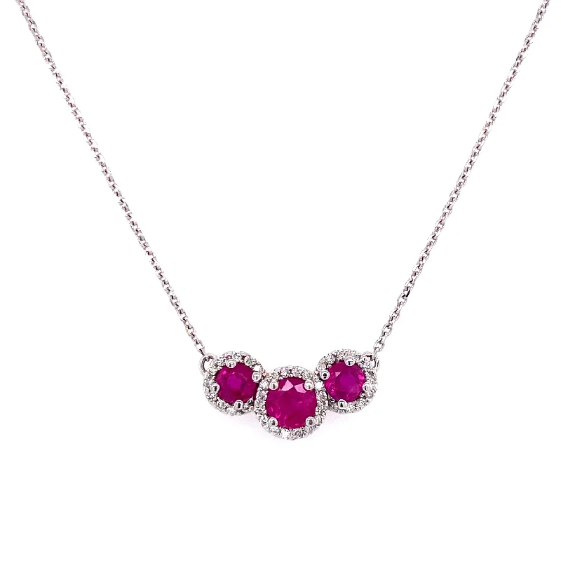 women's topaz necklaces-14K White Gold Diamond Halo + Ruby Three Stone Necklace