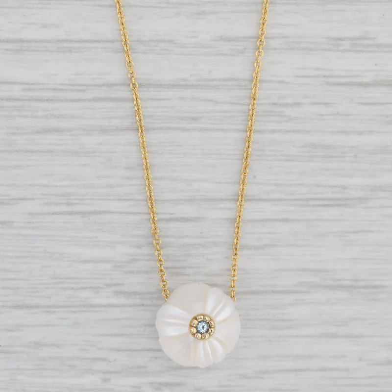 women's fashion necklaces-New Galatea Daffodil Flower Cultured Pearl Aquamarine Pendant Necklace 14k Gold