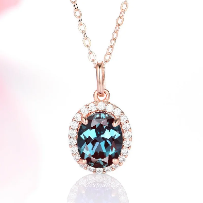 women's lucky charm necklaces-Iris Halo Oval Alexandrite & Diamond Necklace- 14K Solid Rose Gold