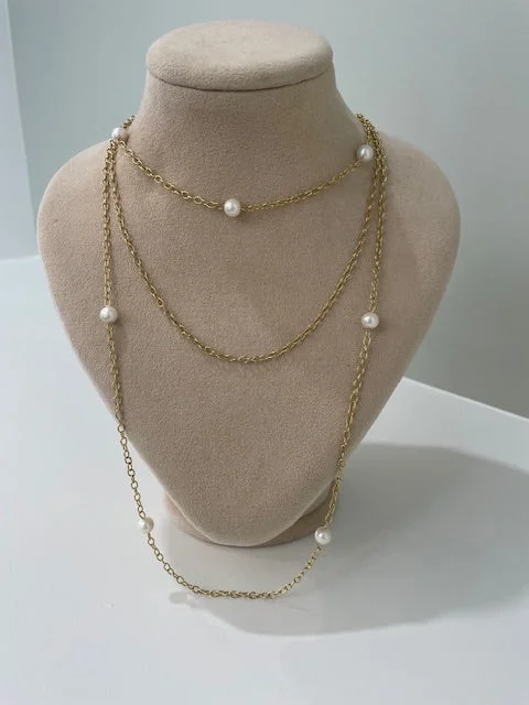 women's pendant necklaces-3-Chain Cultured Pearl Lariat Necklace 14k Yellow Gold Cable Chain 17"