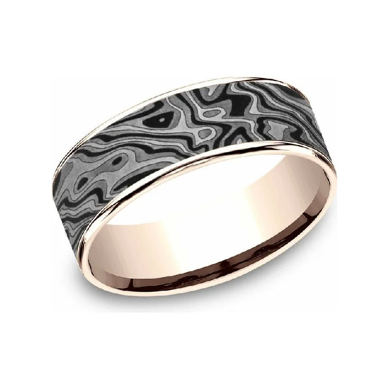 women's rose gold engagement rings-Benchmark 7.5mm 14K Rose Gold & Tantalum Mokume Design Wedding Band