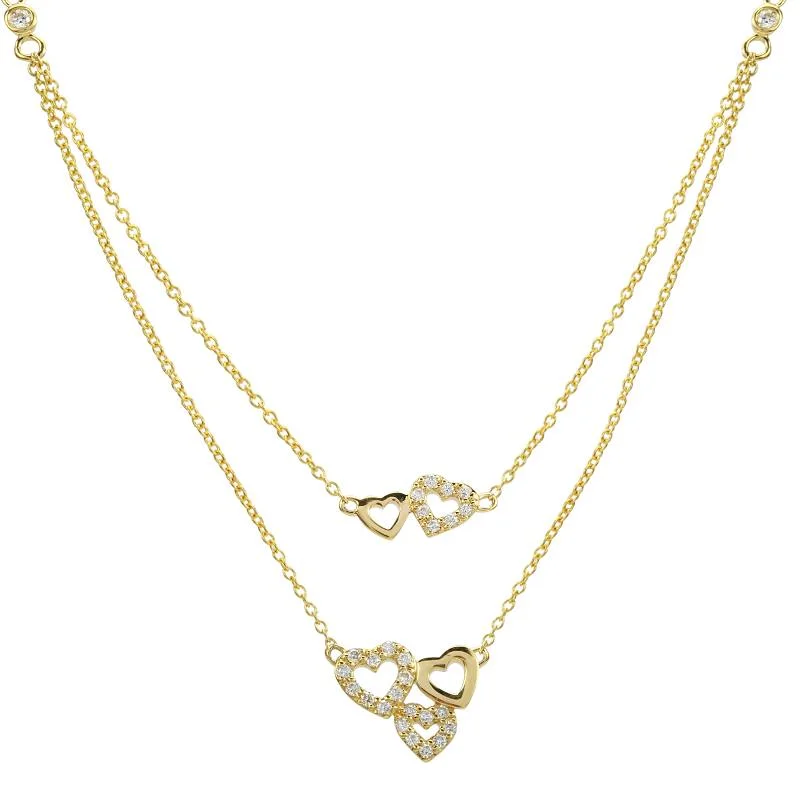 women's short necklaces-14K Yellow Diamond Heart Double Necklace