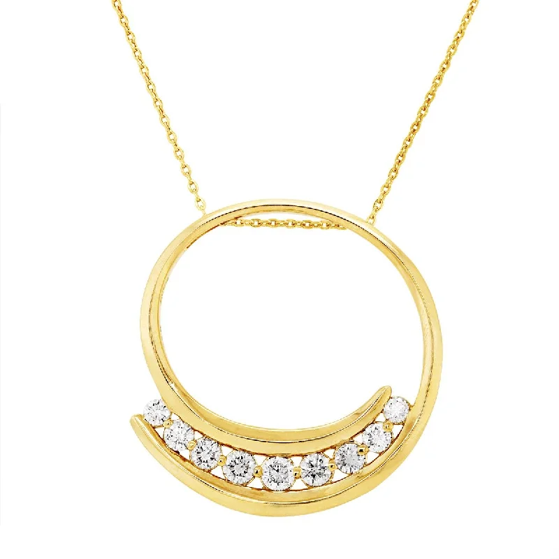 women's chain necklaces-MODERN YELLOW GOLD CIRCLE PENDANT NECKLACE WITH DIAMONDS, .89 CT TW