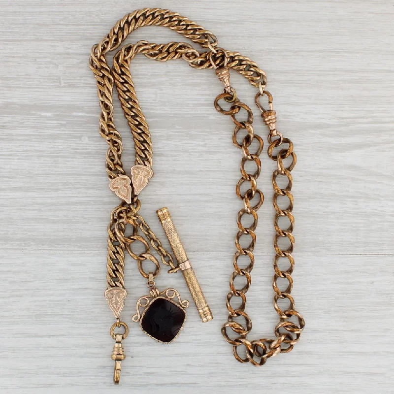 women's two-tone necklaces-Victorian Antique Watch Fob Chain Necklace Pendant Sardonyx Intaglio Gold Filled