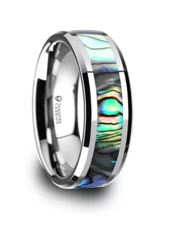 women's handcrafted engagement rings-Tungsten ‘Maui’ 8mm Mother Of Pearl Inlay Wedding Band