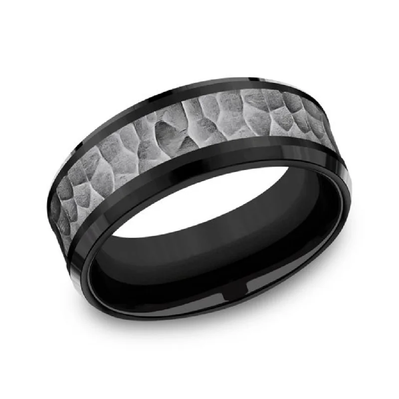 women's vintage engagement rings-Black Titanium And Grey Tantalum Polished Edges Hammered Center 8mm Wedding Band