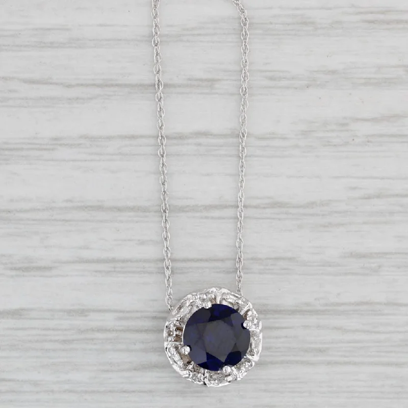 women's spiritual necklaces-1.88ctw Lab Created Blue Sapphire Diamond Halo Pendant Necklace 10k White Gold