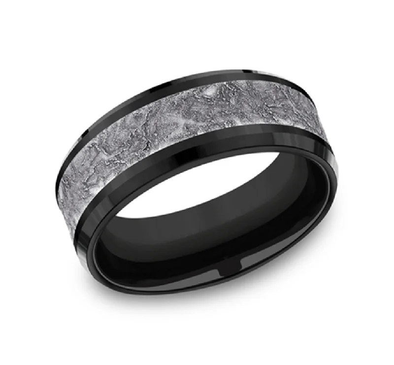 women's matching engagement and wedding rings-Black Titanium And Grey Tantalum Splatter 8mm Wedding Band