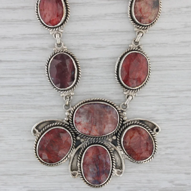 women's chain necklaces-Red Stone Corundum Bib Statement Necklace Sterling Silver 18.5" Southwestern