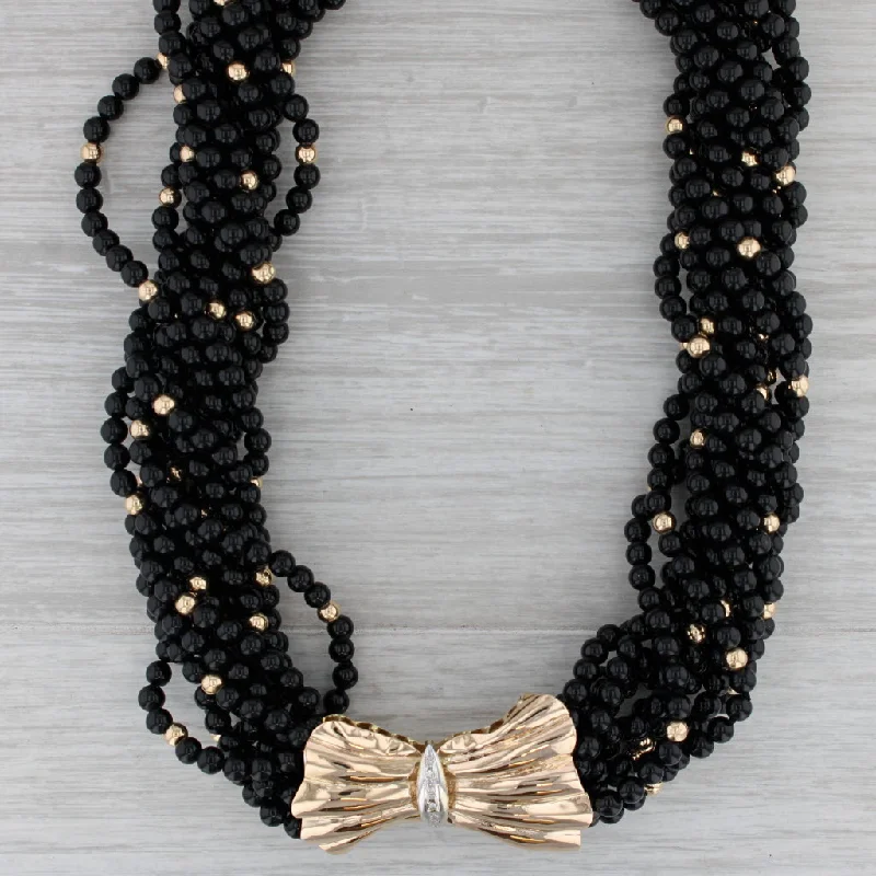 women's choker necklaces-Woven Onyx Bead Statement Necklace Diamond Bow Pendant Brooch 14k Gold 15.5"