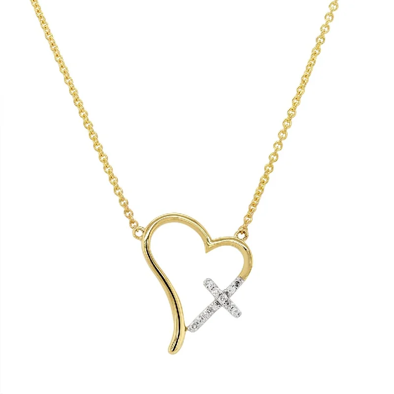 women's cubic zirconia necklaces-YELLOW GOLD HEART AND CROSS PENDANT NECKLACE WITH DIAMONDS, .05 CT TW