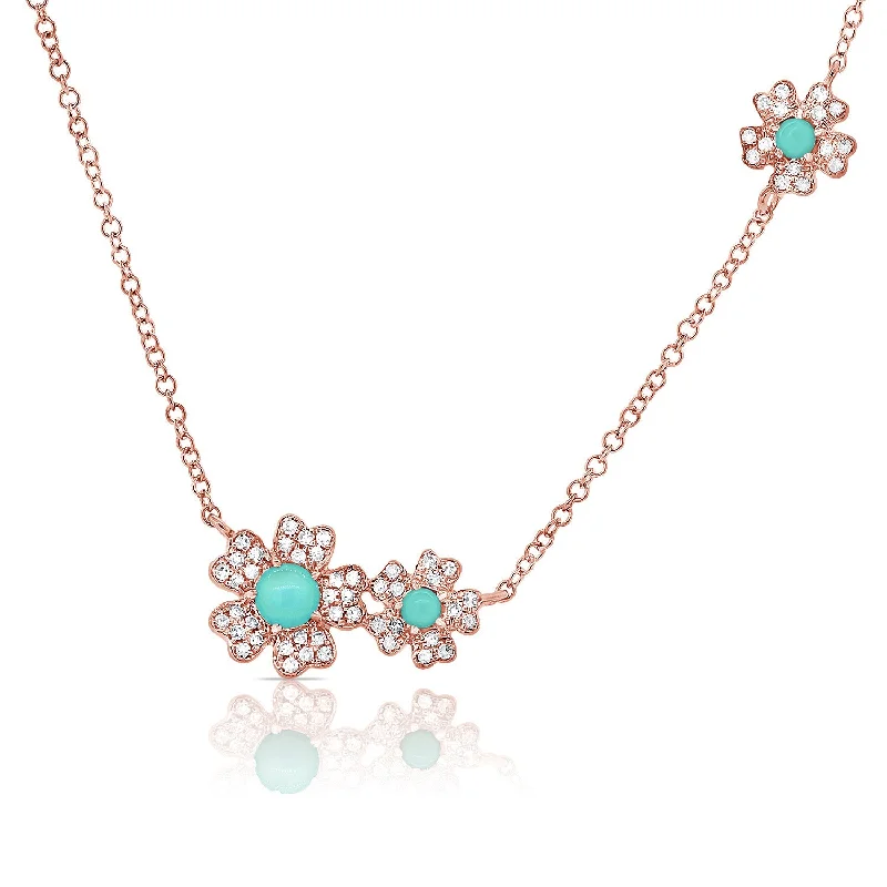 women's matching necklaces-14K Rose Gold Diamond + Turquoise Flower Necklace