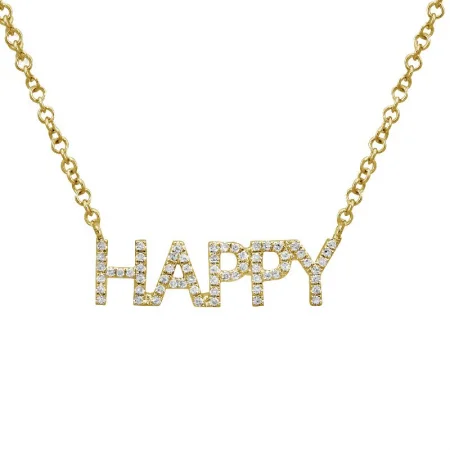 women's tennis chain necklaces-14K Yellow Gold Diamond "HAPPY" Necklace