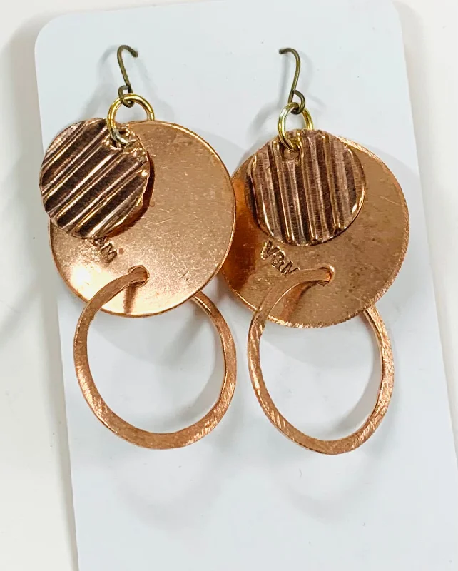 women's adjustable earrings-Double hoop and disc copper earrings