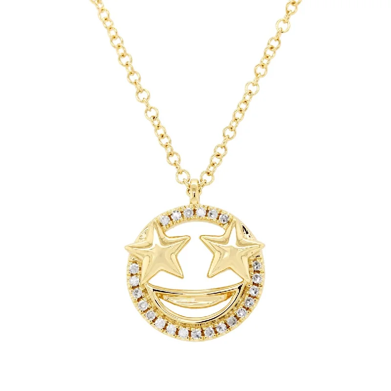 women's turquoise necklaces-YELLOW GOLD STAR EYE EMOJI PENDANT NECKLACE WITH DIAMONDS, .06 CT TW