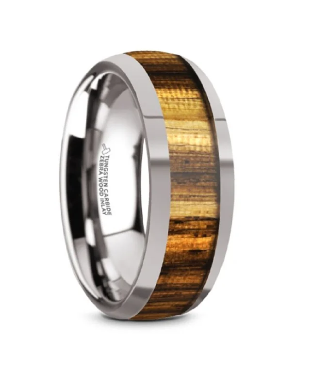 women's silver engagement rings-Tungsten Carbide ‘Tigre’ 8mm Zebra Wood Inlaid Domed Wedding Band