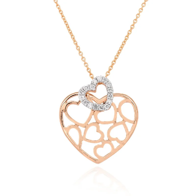 women's heavy necklaces-ROSE GOLD HEART WITH HEART PATTERN DIAMOND NECKLACE, .11 CT TW