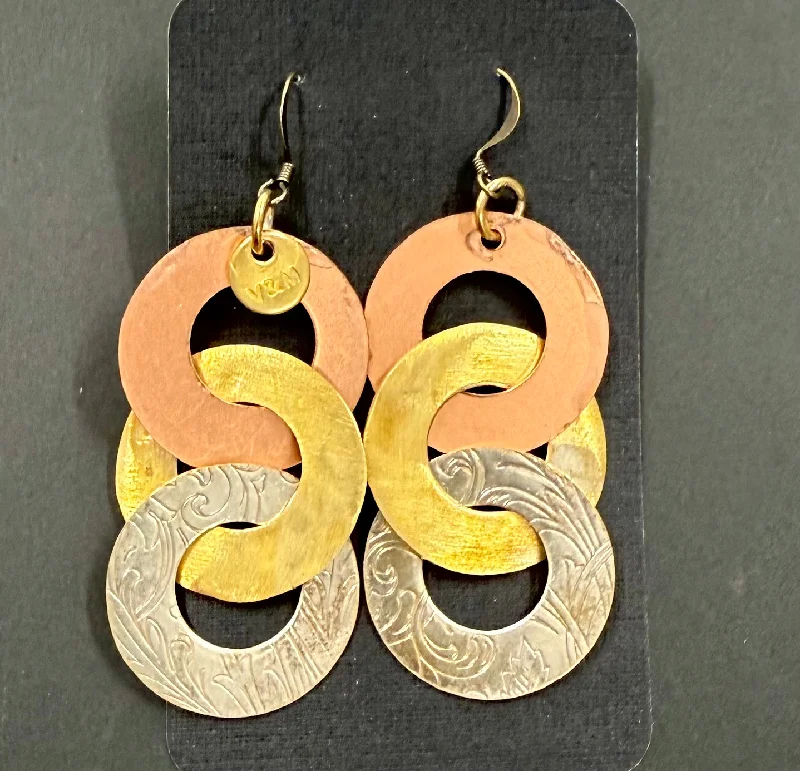 women's asymmetrical earrings-Triple retro mixed metal earrings