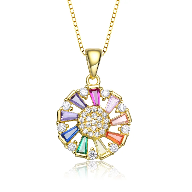 women's heart necklaces-Sterling Silver With Gold Plated Round And Multi Color Baguette Cubic Zirconia Wreath Pendant Necklace