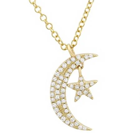 women's wave necklaces-14K Yellow Gold Diamond Moon and Star Necklace