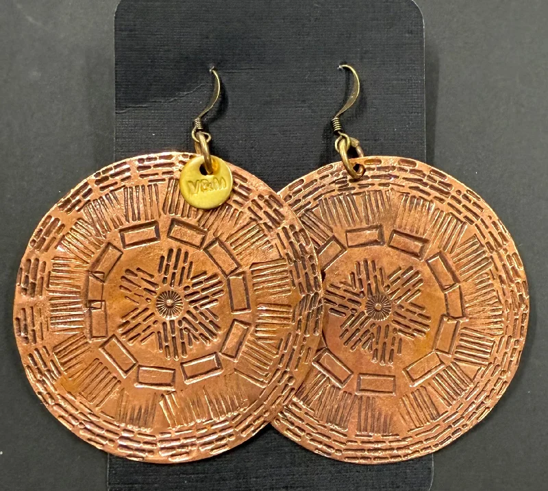 women's religious earrings-Stamped big disc copper earrings