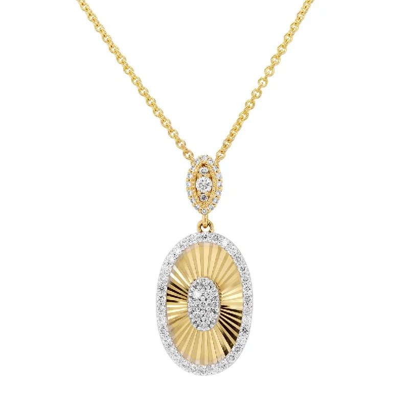 women's spiritual necklaces-TEXTURED YELLOW GOLD OVAL PENDANT NECKLACE WITH DIAMONDS, 35 CT TW