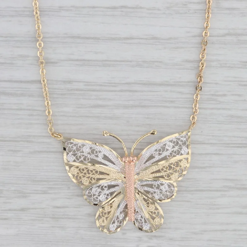 women's fashion necklaces-Filigree Butterfly Pendant Necklace 14k Yellow Rose White Gold 16.75" Chain