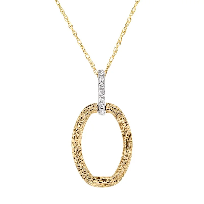 women's handmade necklaces-TWO-TONE GOLD OVAL PENDANT NECKLACE WITH TEXTURED FINISH AND DIAMONDS, .05 CT TW