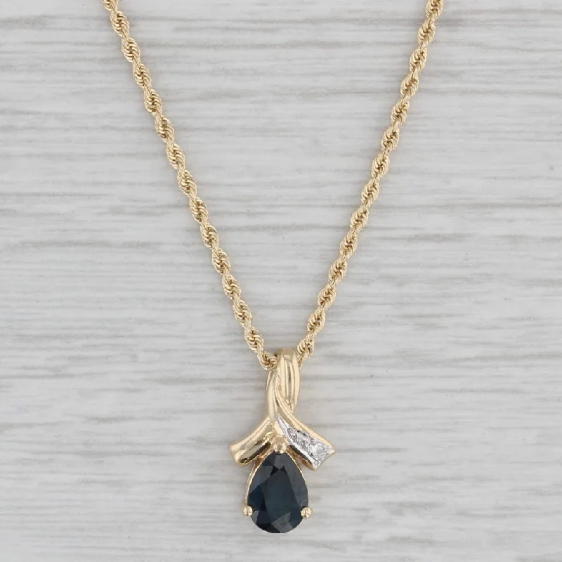 women's infinity necklaces-0.80ct Blue Sapphire Diamond Teardrop Pendant Necklace 14k Gold 18" Rope Chain