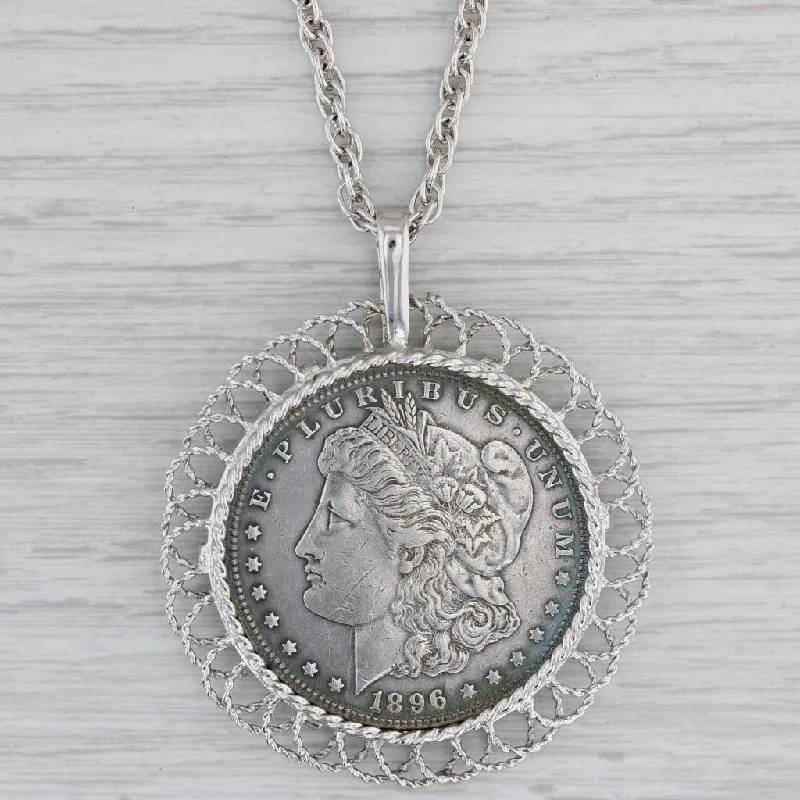 women's angel necklaces-Large 1896 One Dollar Coin Pendant Rope Chain Necklace Sterling Silver 24"