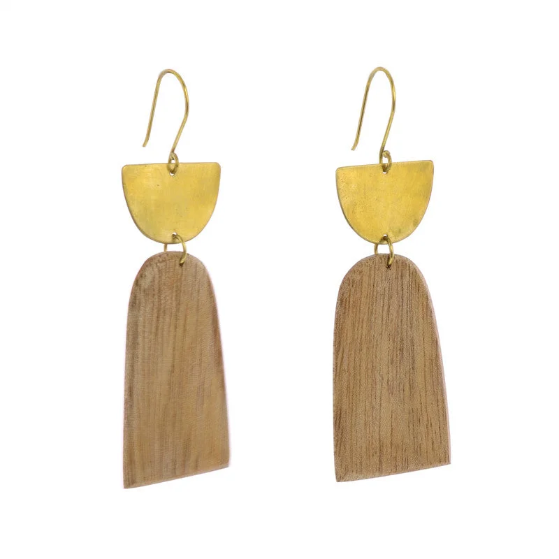 women's oval earrings-Leucadia Earrings, Brass & Wood  - Arches - Light Wood