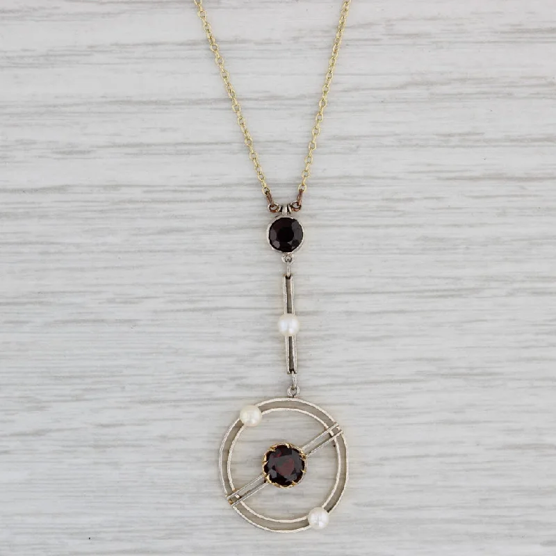 women's white gold necklaces-Antique 1ct Garnet Pearl Lariat Necklace 15k Gold Platinum 18.25" Cable Chain