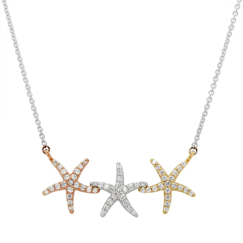 women's spiritual necklaces-TRI-TONE GOLD STARFISH NECKLACE WITH DIAMONDS, 3/8 CT TW