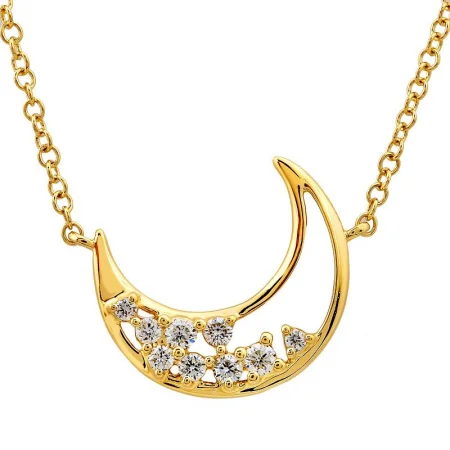 women's rope chain necklaces-14K Yellow Gold Diamond Open Moon Necklace