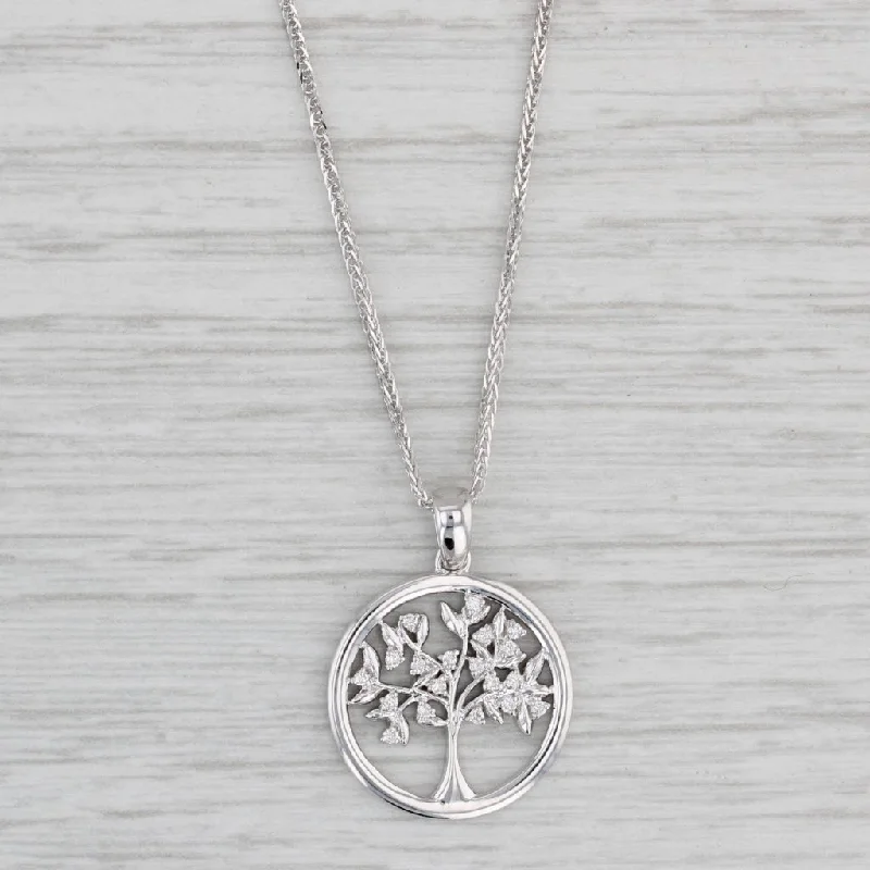 women's lock necklaces-New Diamond Tree of Life Pendant Necklace 14k White Gold 15.5-17.5" Curb Chain