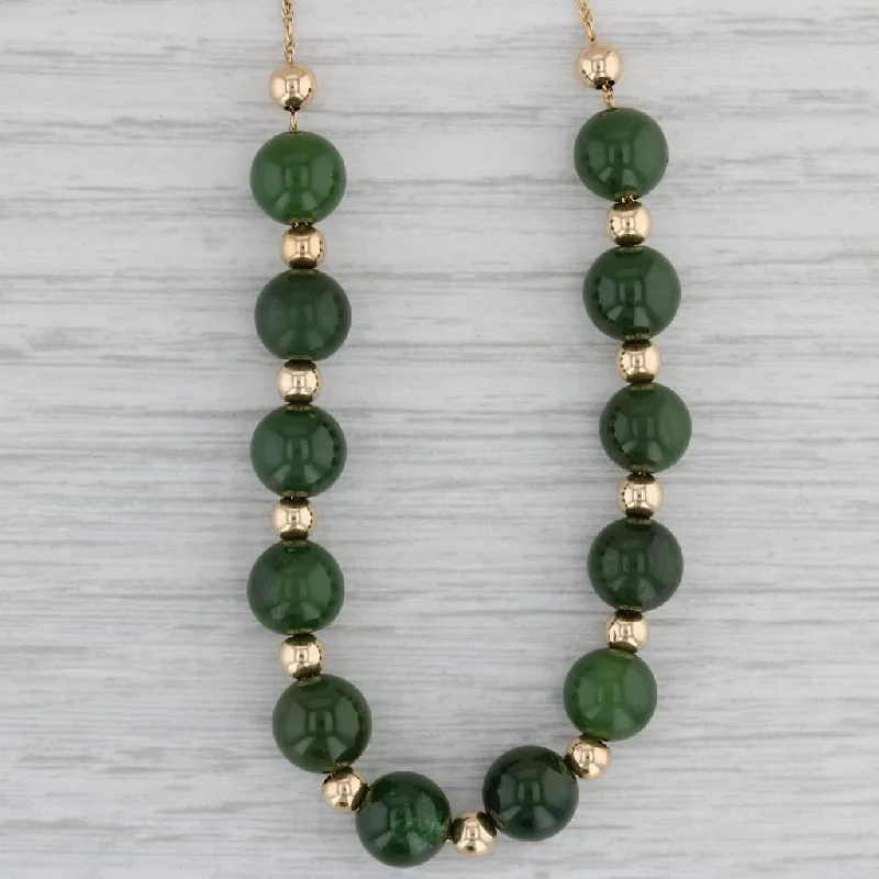 women's wave necklaces-Green Nephrite Jade Bead Necklace 14k Yellow Gold 17.5" Rope Chain