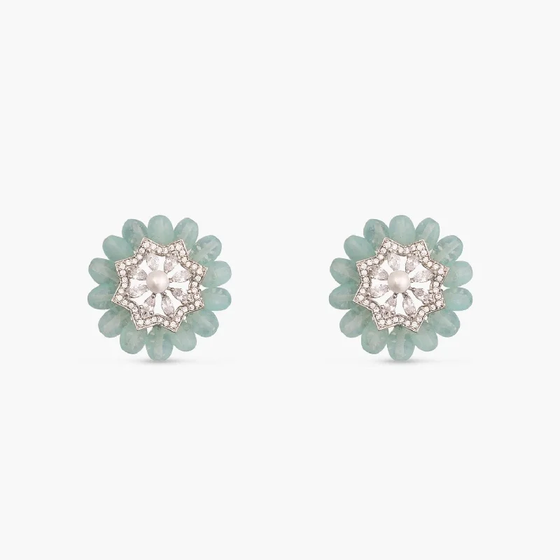 women's bar earrings-Floral Charm CZ Mint Beads & Pearl Stud Earrings