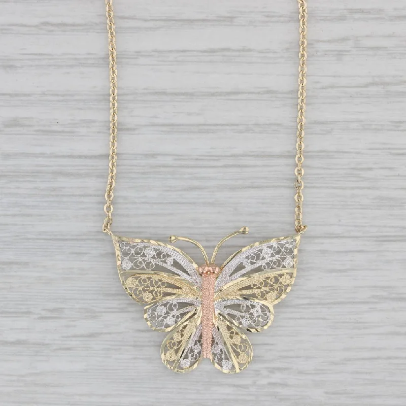 women's floral necklaces-Filigree Butterfly Pendant Necklace 10k Yellow Rose White Gold 17" Cable Chain