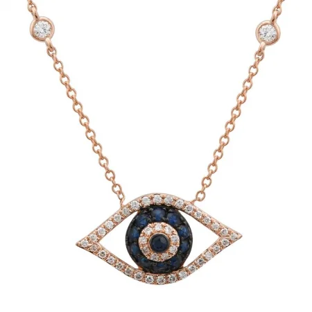 women's sun and moon necklaces-14K Rose Gold Diamond + Blue Sapphire Evil Eye Necklace