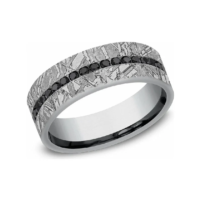 women's classic engagement rings-Benchmark 7mm Meteorite Pattern & Black Diamond Tantalum Wedding Band