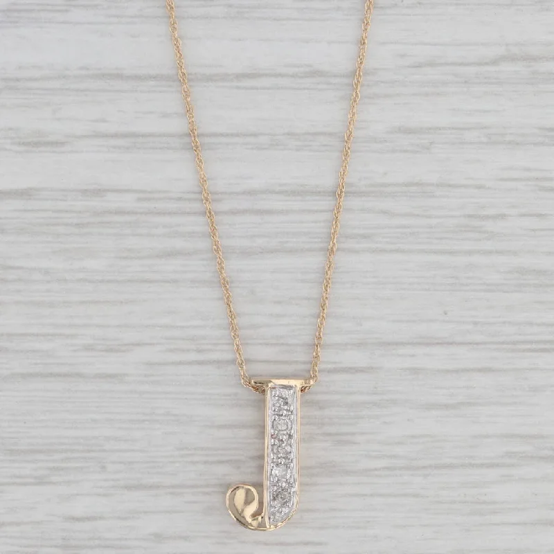 women's eco-friendly necklaces-0.15ctw Diamond Letter Initial J Pendant Necklace 14k Yellow Gold 18"Rope Chain