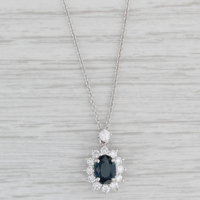 women's pendant necklaces-1.27ctw Blue Sapphire Diamond Halo Pendant Necklace 18k White Gold 16"