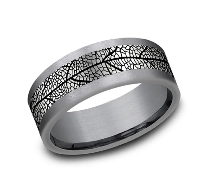 women's cubic zirconia engagement rings-Gray Tantalum And Black Titanium ‘The Bryce’ 8mm Leaf Pattern Wedding Band